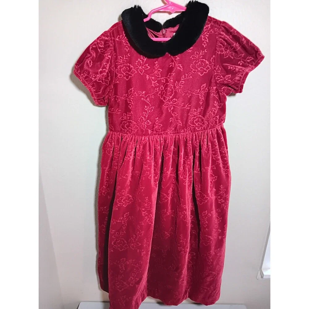 Gymboree Girls Red Crushed Velvet Dress with Faux-Fur Peter Pan Collar 3XL  8yrs